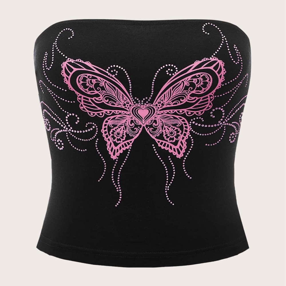 Black Tube Top with Pink Butterfly Design - Picture 1 of 3